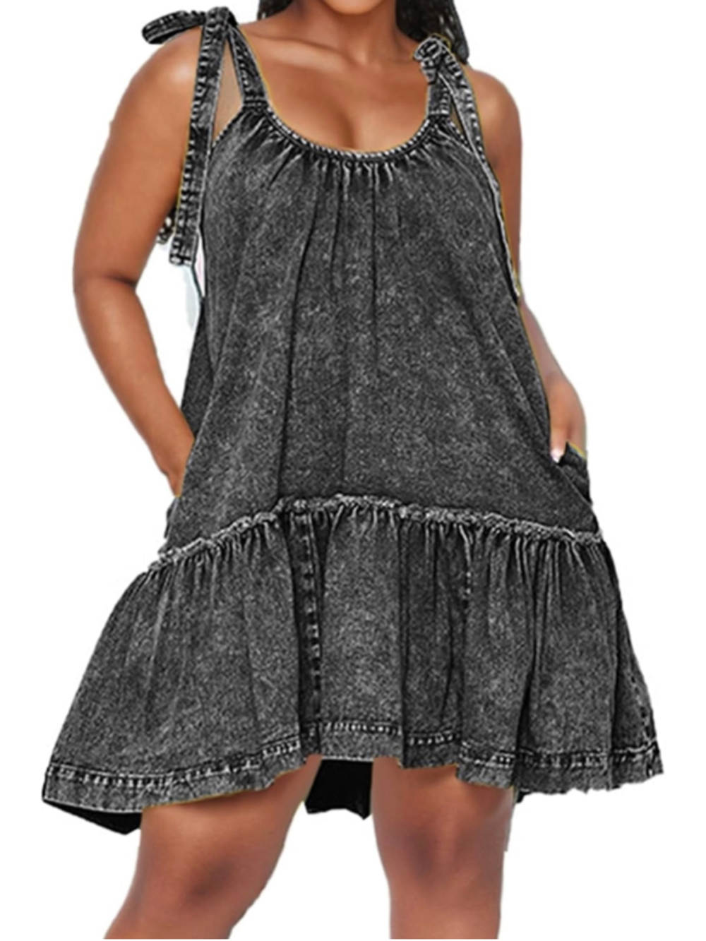 NEW Black Wash Tie Shoulder Sleeveless Denim Mini Dress S